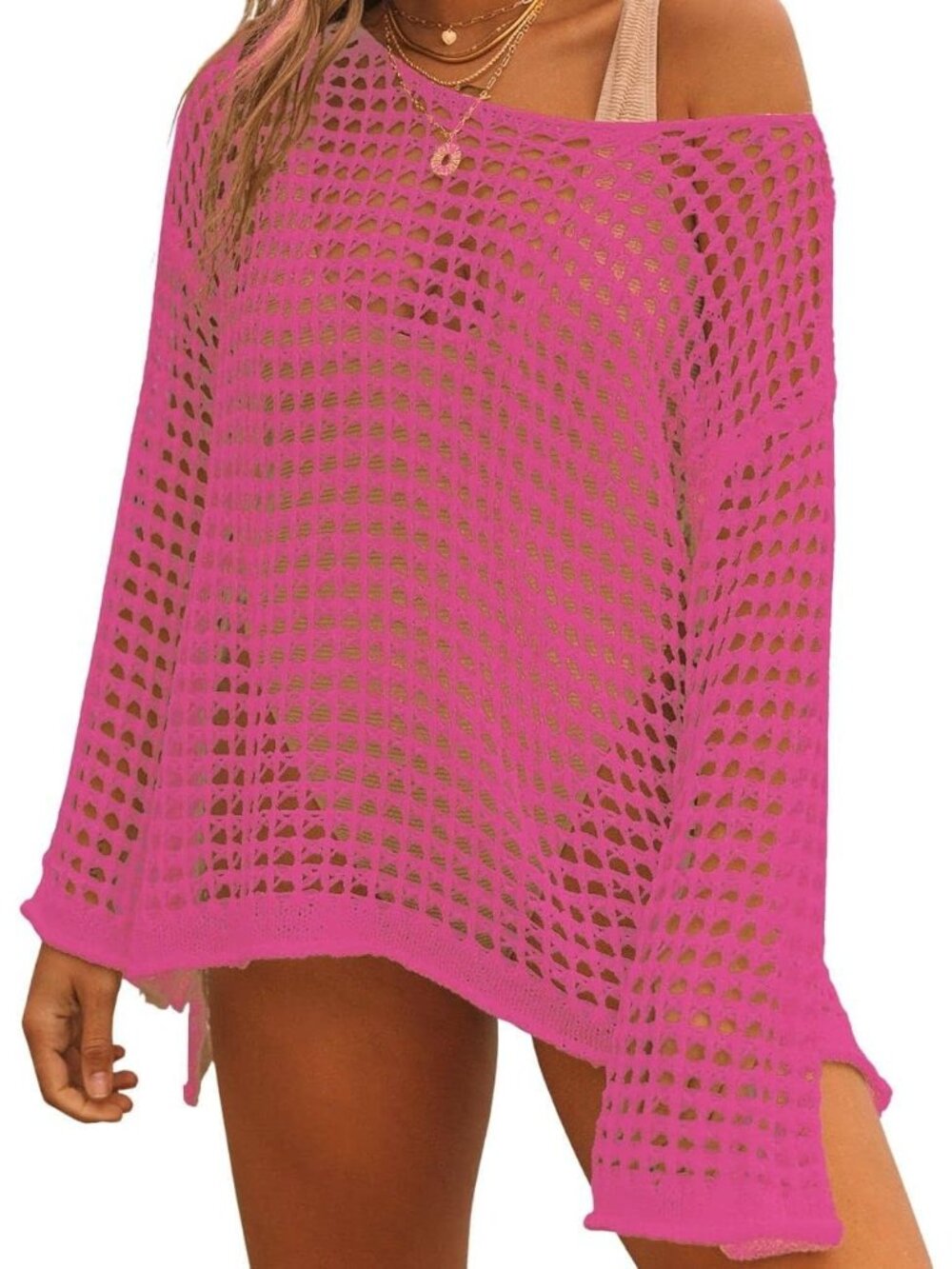 Women's Rose Red Hollow Out Knit Crochet Imported Polyester Swim Cover Up